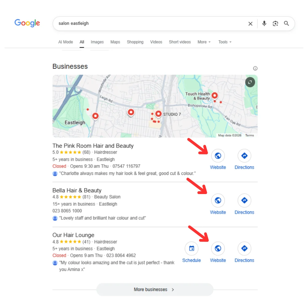 Google Search Results of Salon Businesses of Eastleigh